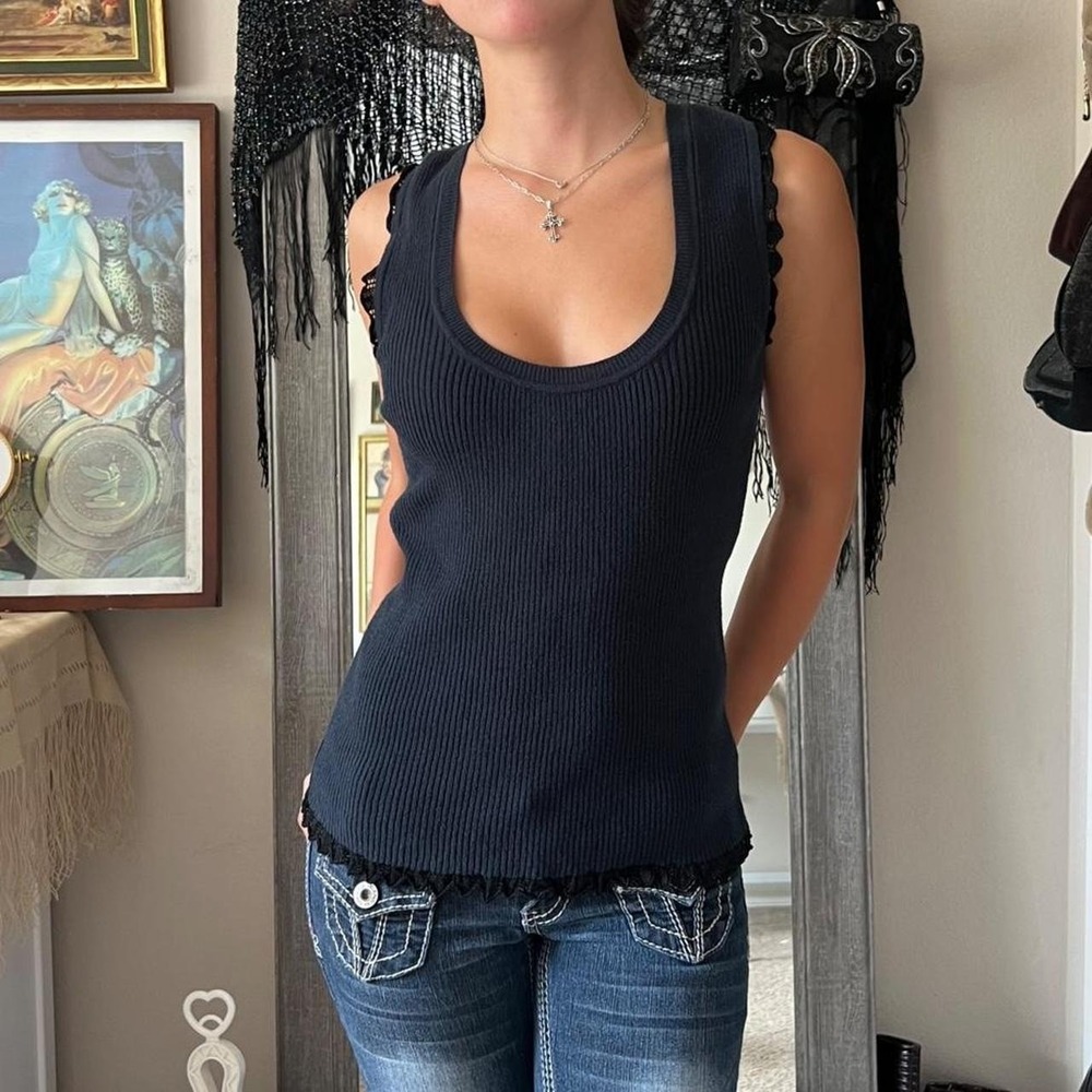 GF FERRE Black Ribbed Cotton Basic Tank Top with Lace Trim Detail MEDIUM - Picture 2 of 5